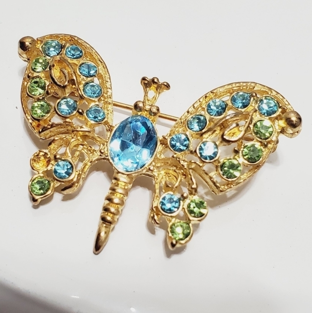Lia Sophia Blue Rhinestone  Butterfly Gold Tone  Pin Brooch 🌴